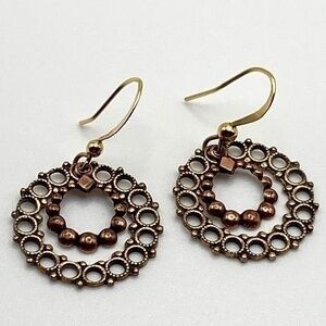 Ornate Circle Dangle Drop Earrings Copper and Gold Colored Metal